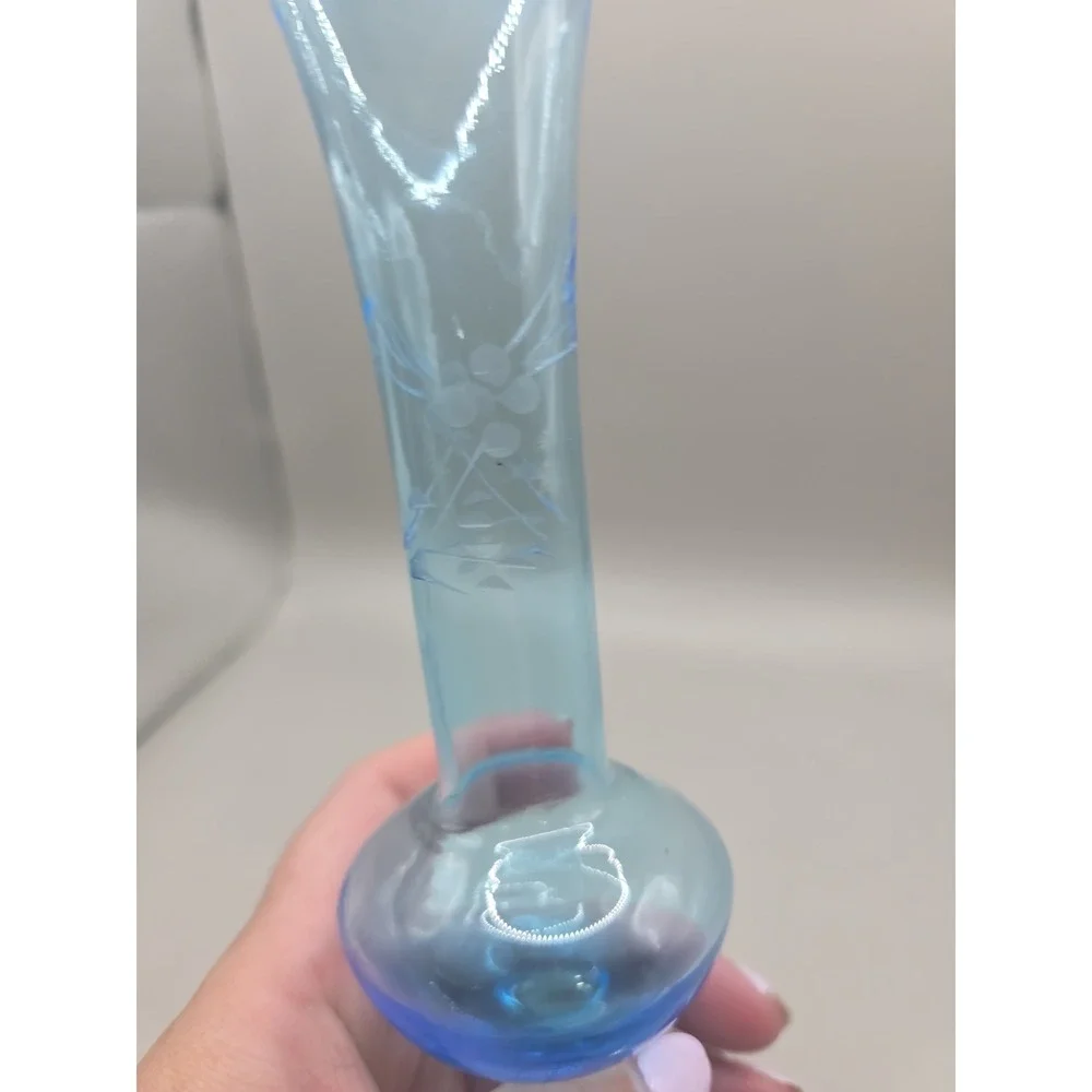 Vintage Blue Etched Floral Glass Bud Vase 8.5 X 2 Inches